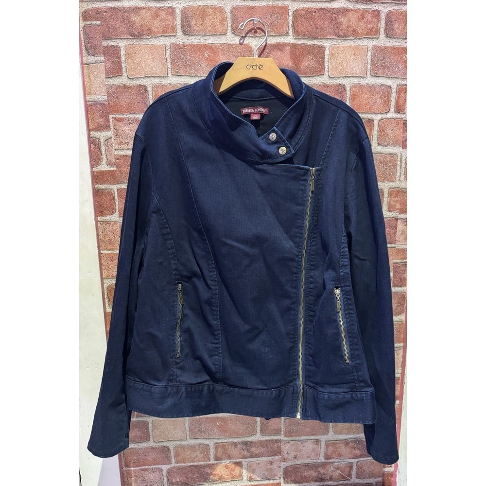 Jessica London Classic Cotton Denim Jacket Women's PlusSize 24 Navy Blue W/ Zip